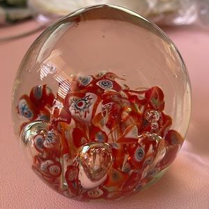 VTG Art glass Millefiori Lilly flower Red & Blue paperweight decor